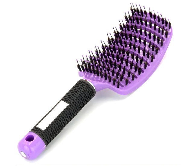 Perie de Par Curbata Ventilata, Flippy, Peri de Mistret + Nylon, Maner Antiderapant, Efect Masaj, Wet & Dry, 24.5 x 6.5 cm, Violet