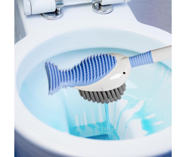 Perie de Toaleta, Flippy, cu Suport de Perete, Recipient Detergent, 2 Tipuri de Perii, Model Balena, Albastru