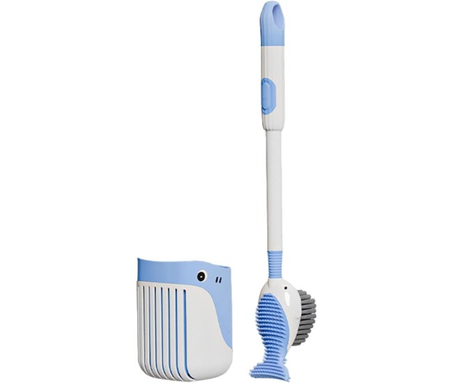 Perie de Toaleta, Flippy, cu Suport de Perete, Recipient Detergent, 2 Tipuri de Perii, Model Balena, Albastru