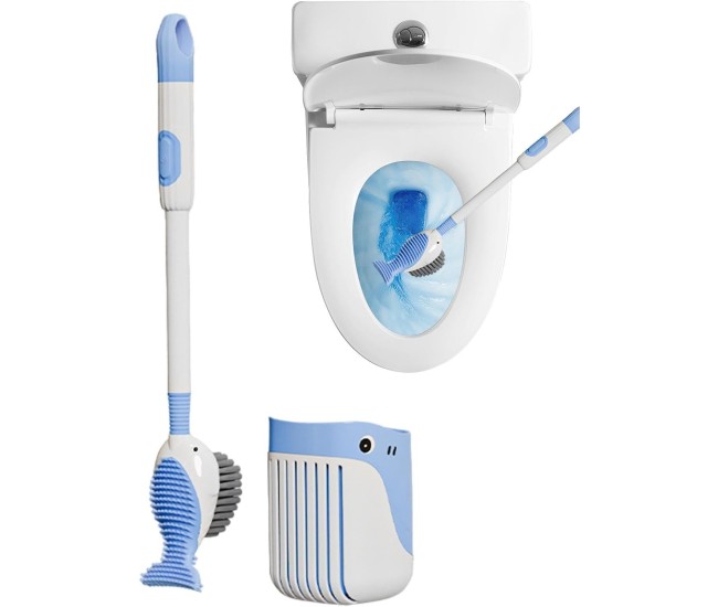 Perie de Toaleta, Flippy, cu Suport de Perete, Recipient Detergent, 2 Tipuri de Perii, Model Balena, Albastru