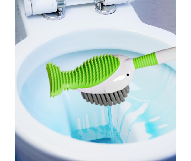 Perie de Toaleta, Flippy, cu Suport de Perete, Recipient Detergent, 2 Tipuri de Perii, Model Balena, Verde