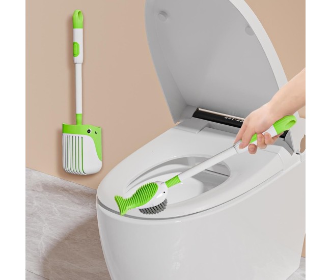 Perie de Toaleta, Flippy, cu Suport de Perete, Recipient Detergent, 2 Tipuri de Perii, Model Balena, Verde