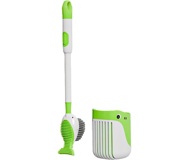 Perie de Toaleta, Flippy, cu Suport de Perete, Recipient Detergent, 2 Tipuri de Perii, Model Balena, Verde