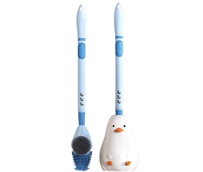 Perie de Toaleta, Flippy, cu Suport de Perete, Recipient Detergent, 2 Tipuri de Perii, Model Rata, Albastru