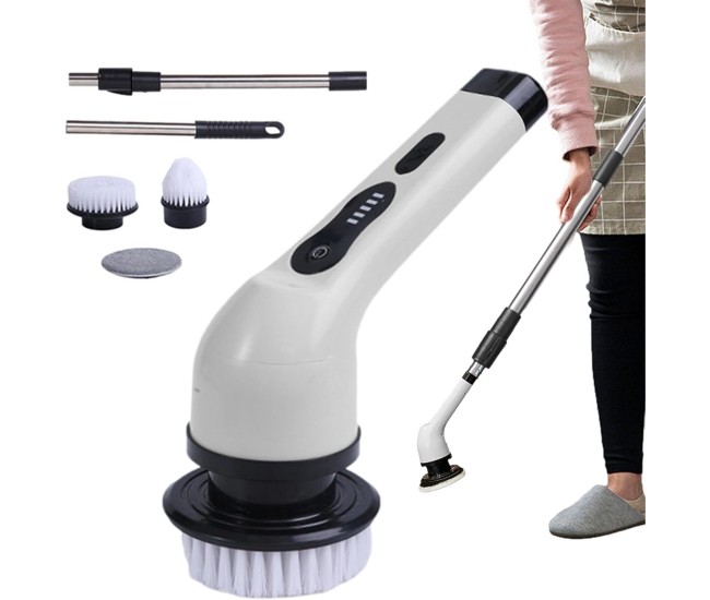 Perie Electrica de Curatare, Flippy, pentru Gresie, Baie, Bucatarie, 25x20x9.5 cm, cu 6 Capete, Maner Extensibil Detasabil 84-127cm, Incarcare USB-Type C, Rotire 360 de Grade, 3000 mAh, Culoare: Alb Perie Electrica de Curatare, Flippy, pentru Gresie, Baie, Bucatarie, 25x20x9.5 cm, cu 6 Capete, Maner Extensibil Detasabil 84-127cm, Incarcare USB-Type C, Rotire 360 de Grade, 3000 mAh, Culoare: Alb