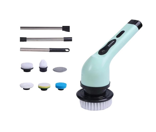 Perie Electrica de Curatare, Flippy, pentru Gresie, Baie, Bucatarie, 25x20x9.5 cm, cu 6 Capete, Maner Extensibil Detasabil 84-127cm, Incarcare USB-Type C, Rotire 360 de Grade, 3000 mAh, Culoare: Verde