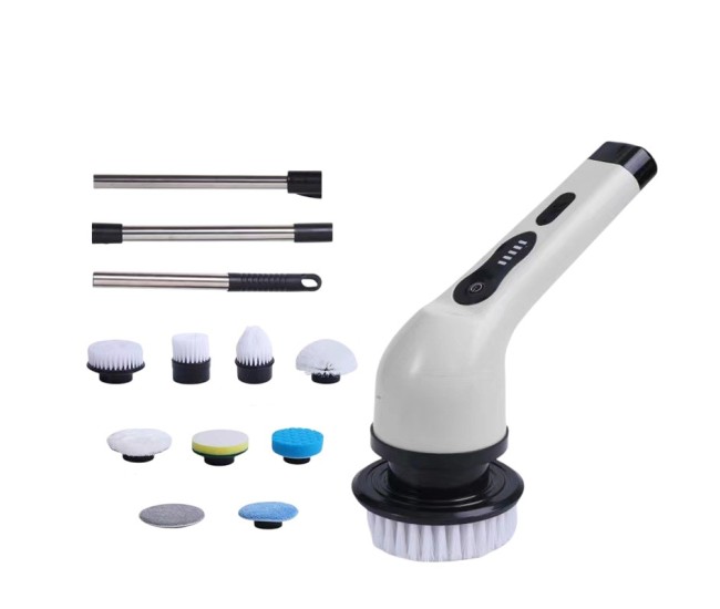 Perie Electrica de Curatare, Flippy, pentru Gresie, Baie, Bucatarie, 25x20x9.5 cm, cu 9 Capete, Maner Extensibil Detasabil 84-127cm, Incarcare USB-Type C, Rotire 360 de Grade, 3000 mAh, Culoare: Alb