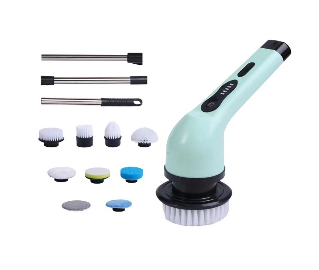 Perie Electrica de Curatare, Flippy, pentru Gresie, Baie, Bucatarie, 25x20x9.5 cm, cu 9 Capete, Maner Extensibil Detasabil 84-127cm, Incarcare USB-Type C, Rotire 360 de Grade, 3000 mAh, Culoare: Verde