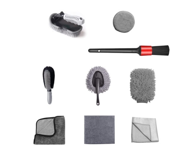 Set 9 Piese pentru Spalat Auto, Flippy, din Plastic si Microfibra, Perii si Lavete, Model A, Gri Set 9 Piese pentru Spalat Auto, Flippy, din Plastic si Microfibra, Perii si Lavete, Model A, Gri