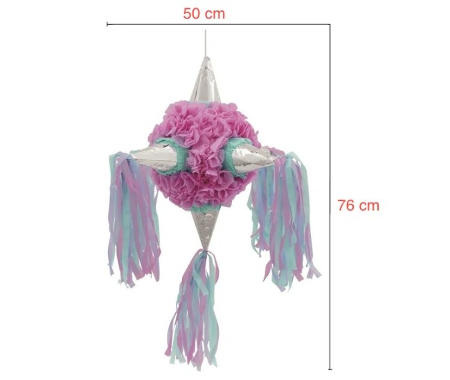 Pinata Rotunda pentru Petrecere, Flippy, Detalii Argintii, din Hartie si Carton, Pinata pentru Copii, 76 x 50 x 50 cm, Roz