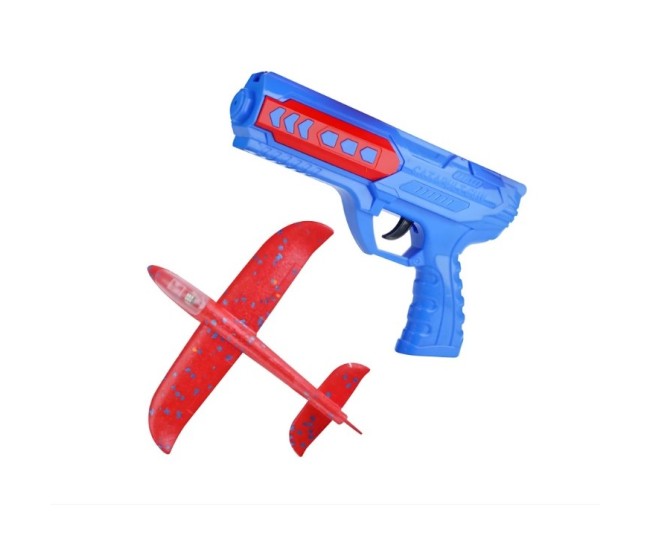 Pistol cu Lansator de Avion, Flippy, din Polistiren+Plastic, +3 Ani, Avion 24 cm, Lansare 10 m, cu Lumini, Albastru/Rosu