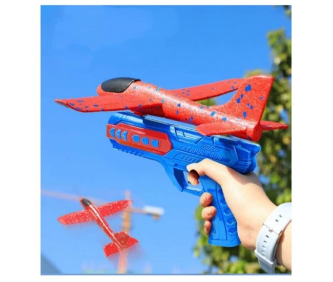 Pistol cu Lansator de Avion, Flippy, din Polistiren+Plastic, +3 Ani, Avion 24 cm, Lansare 10 m, cu Lumini, Albastru/Rosu