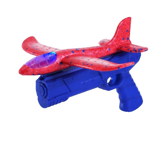 Pistol cu Lansator de Avion, Flippy, din Polistiren+Plastic, +3 Ani, Avion 24 cm, Lansare 10 m, cu Lumini, Albastru/Rosu