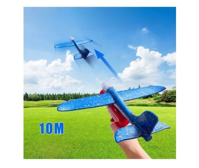 Pistol cu Lansator de Avion, Flippy, din Polistiren+Plastic, +3 Ani, Avion 24 cm, Lansare 10 m, Rosu/Albastru