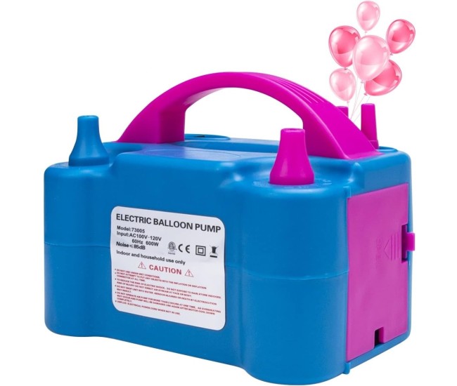 Pompa Electrica Pentru Umflat Baloane, 600 W, Doua Capete de Umflat, din Plastic, 19.5 x 14 x 13 cm, Albastru/Roz
