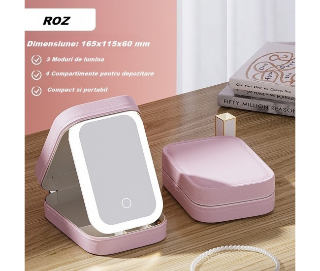 Portfard, Flippy, Geanta Cosmetice, cu Oglinda LED, 3 Moduri de Lumina, Incarcare USB, Baterie 1200 mAh, pentru Organizarea Cosmeticelor, 4 Compartimente, Imitatie Piele, Roz, 16.5x11.5x6 cm Portfard, Flippy, Geanta Cosmetice, cu Oglinda LED, 3 Moduri de Lumina, Incarcare USB, Baterie 1200 mAh, pentru Organizarea Cosmeticelor, 4 Compartimente, Imitatie Piele, Roz, 16.5x11.5x6 cm