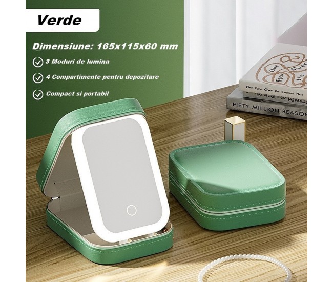 Portfard, Flippy, Geanta Cosmetice, cu Oglinda LED, 3 Moduri de Lumina, Incarcare USB, Baterie 1200 mAh, pentru Organizarea Cosmeticelor, 4 Compartimente, Imitatie Piele, Verde, 16.5x11.5x6 cm Portfard, Flippy, Geanta Cosmetice, cu Oglinda LED, 3 Moduri de Lumina, Incarcare USB, Baterie 1200 mAh, pentru Organizarea Cosmeticelor, 4 Compartimente, Imitatie Piele, Verde, 16.5x11.5x6 cm