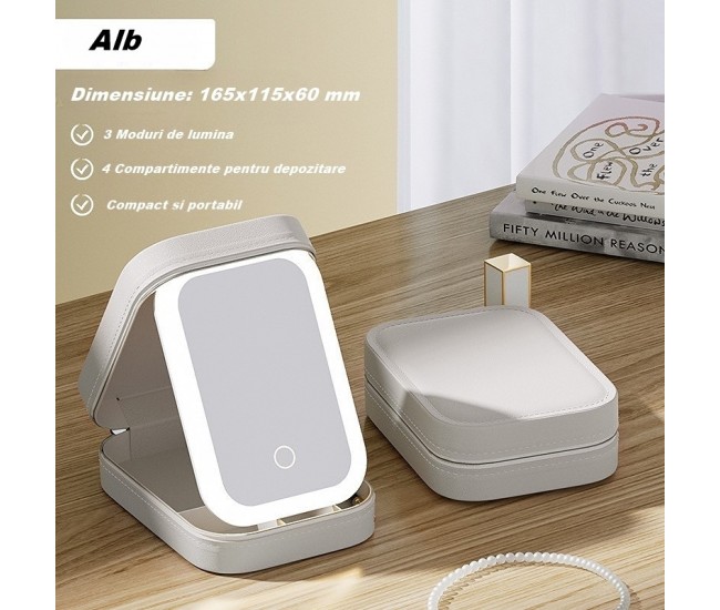 Portfard, Flippy, Geanta Cosmetice, cu Oglinda LED, 3 Moduri de Lumina, Incarcare USB, Baterie 1200 mAh, pentru Organizarea Cosmeticelor, 4 Compartimente, Imitatie Piele, Alb, 16.5x11.5x6 cm Portfard, Flippy, Geanta Cosmetice, cu Oglinda LED, 3 Moduri de Lumina, Incarcare USB, Baterie 1200 mAh, pentru Organizarea Cosmeticelor, 4 Compartimente, Imitatie Piele, Alb, 16.5x11.5x6 cm