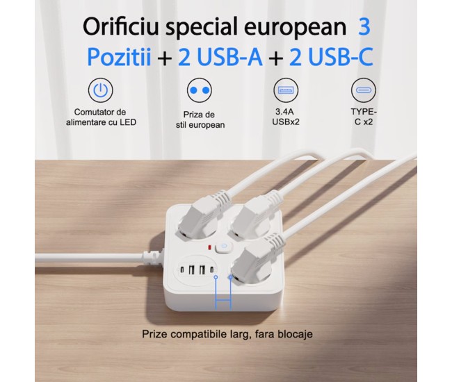 Prelungitor Multifunctional pentru Birou, Flippy, 3 Prize, 2 USB-A, 2 TYPE-C, Suport pentru Telefon, 3250W, Lungime Cablu 2 m, 11.4 x 12.4 cm, Alb