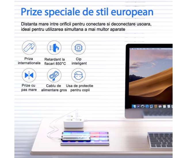 Prelungitor Multifunctional pentru Birou, Flippy, 3 Prize, 2 USB-A, 2 TYPE-C, Suport pentru Telefon, 3250W, Lungime Cablu 2 m, 11.4 x 12.4 cm, Alb
