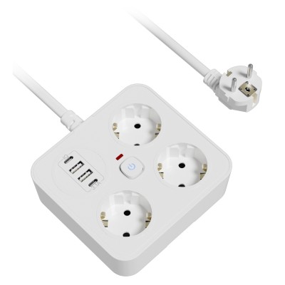 Prelungitor Multifunctional pentru Birou, Flippy, 3 Prize, 2 USB-A, 2 TYPE-C, Suport pentru Telefon, 3250W, Lungime Cablu 2 m, 11.4 x 12.4 cm, Alb