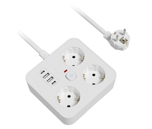 Prelungitor Multifunctional pentru Birou, Flippy, 3 Prize, 2 USB-A, 2 TYPE-C, Suport pentru Telefon, 3250W, Lungime Cablu 2 m, 11.4 x 12.4 cm, Alb