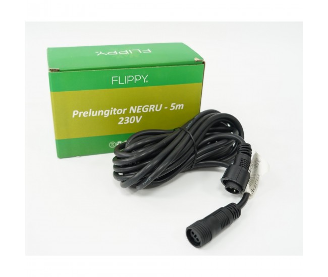 Prelungitor, Flippy, cauciuc, 220 volti, 5 metri, fir negru Prelungitor, Flippy, cauciuc, 220 volti, 5 metri, fir negru