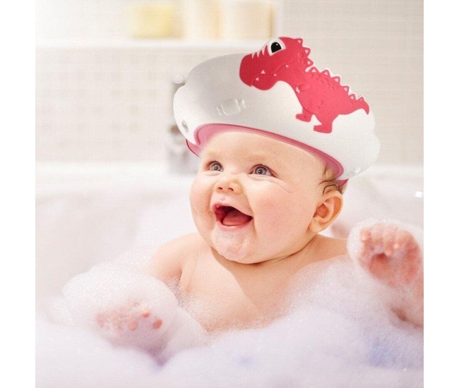 Viziera de Protectie Baie Pentru Copii, Fippy, Model Dinozaur, Dimensiune ajustabila, Durabil, Usor de curatat, Impotriva Samponului, pentru Ochi si Urechi, TPE+PP, 22x21 cm, Rosu