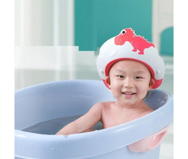 Viziera de Protectie Baie Pentru Copii, Fippy, Model Dinozaur, Dimensiune ajustabila, Durabil, Usor de curatat, Impotriva Samponului, pentru Ochi si Urechi, TPE+PP, 22x21 cm, Rosu