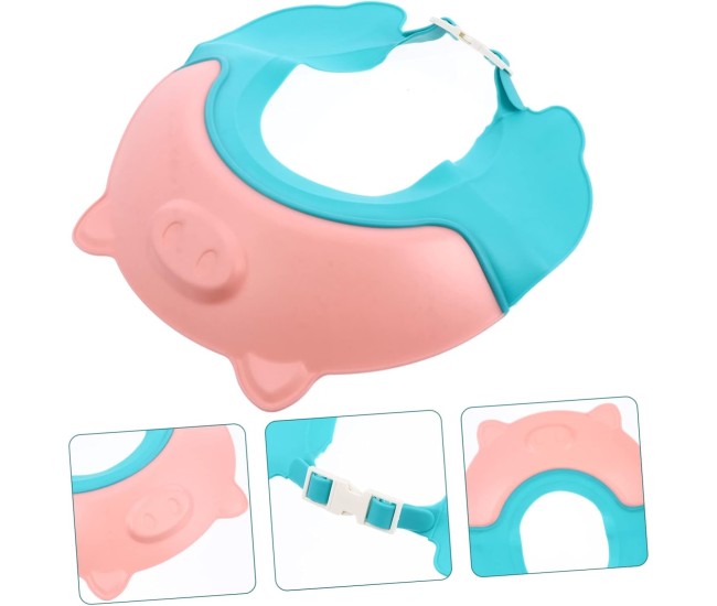 Viziera de Protectie Baie Pentru Copii, Fippy, Model Purcelus, Dimensiune ajustabila, Durabil, Usor de curatat, Impotriva Samponului, pentru Ochi si Urechi, TPE+PP, 23x23 cm, Roz