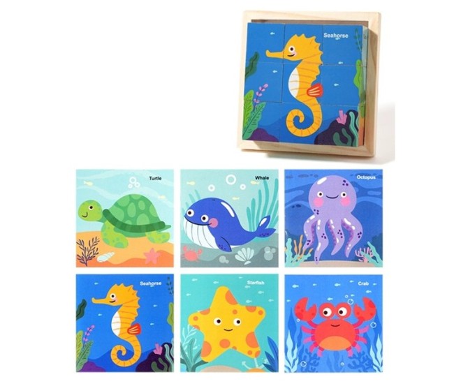Puzzle din Lemn, Flippy, 9 Cuburi, 6 Fete, 4-6 Ani, 11 x 11 x 3.2 cm, Model Animale Marine, Multicolor