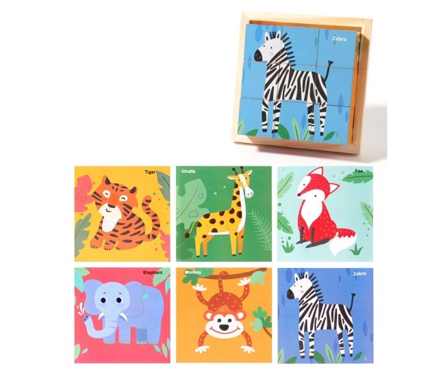 Puzzle din Lemn, Flippy, 9 Cuburi, 6 Fete, 4-6 Ani, 11 x 11 x 3.2 cm, Model Animale Salbatice, Multicolor Puzzle din Lemn, Flippy, 9 Cuburi, 6 Fete, 4-6 Ani, 11 x 11 x 3.2 cm, Model Animale Salbatice, Multicolor