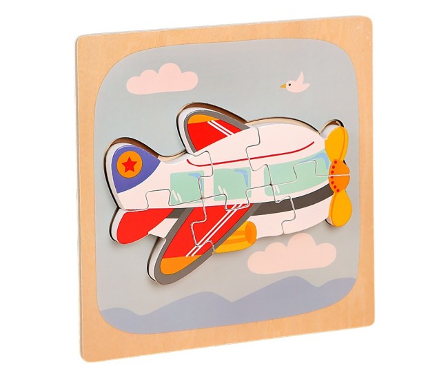 Puzzle Montessori din Lemn pentru Copii, Flippy, 3D, 0-3 Ani, Model Avion, Educativ, Intuitiv, Creativ, 6 Piese, 15x15x0.5 cm, Multicolor