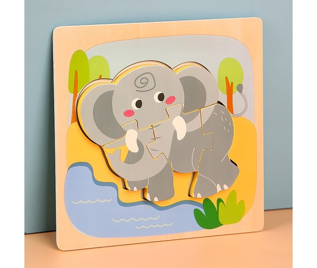 Puzzle Montessori din Lemn pentru Copii, Flippy, 3D, 0-3 Ani, Model Elefant, Educativ, Intuitiv, Creativ, 4 Piese, 15x15x0.5 cm, Multicolor