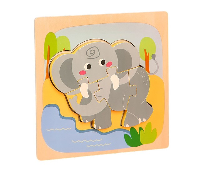 Puzzle Montessori din Lemn pentru Copii, Flippy, 3D, 0-3 Ani, Model Elefant, Educativ, Intuitiv, Creativ, 4 Piese, 15x15x0.5 cm, Multicolor