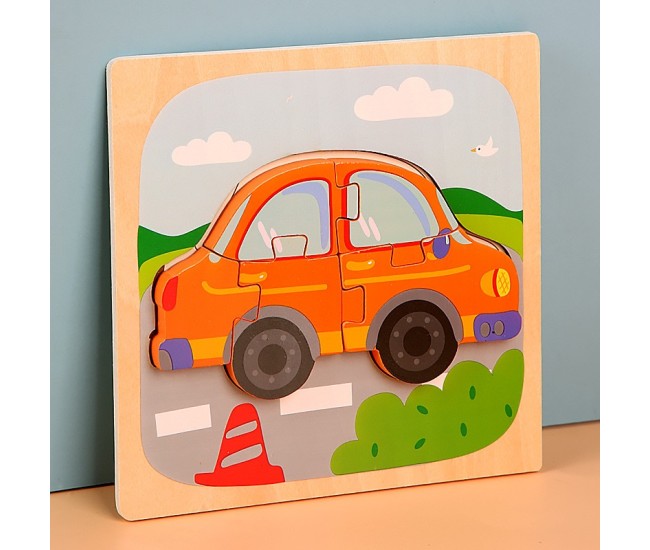 Puzzle Montessori din Lemn pentru Copii, Flippy, 3D, 0-3 Ani, Model Masina, Educativ, Intuitiv, Creativ, 5 Piese, 15x15x0.5 cm, Multicolor