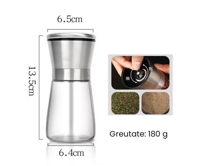 Rasnita Manuala pentru boabe, Flippy, Rasnita pentru Piper Sare Cafea, din Sticla cu Otel inoxidabil, 13.5 x 6.5 cm, volum 180 ml, Transparenta cu Capac din Inox Rasnita Manuala pentru boabe, Flippy, Rasnita pentru Piper Sare Cafea, din Sticla cu Otel inoxidabil, 13.5 x 6.5 cm, volum 180 ml, Transparenta cu Capac din Inox