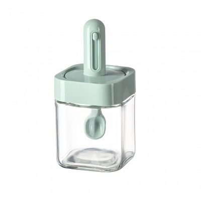 Recipient pentru Depozitarea Condimentelor, Flippy, Borcan din Sticla, Capac si Lingura Incorporate, Uz Casnic, 300 ml, 7.1x7.1x14.8 cm, Verde