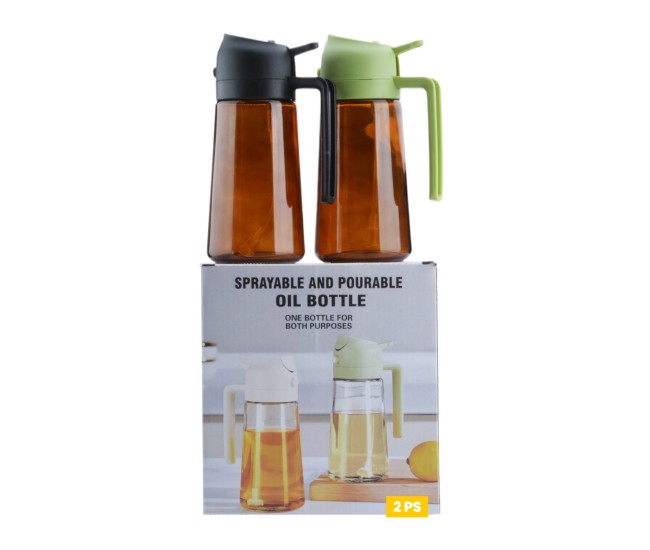 Recipient pentru Ulei 2 in 1, Flippy, Set 2 Bucati, Functie Spray & Turnare, din Sticla, Fara Scurgere, 18.5 x 8 x 8 cm, 470 ml/buc, Sticla Maro, Verde/Negru