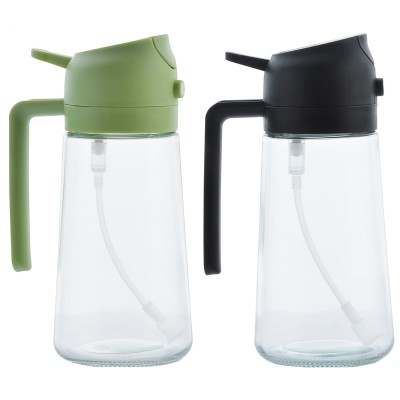 Recipient pentru Ulei 2 in 1, Flippy, Set 2 Bucati, Functie Spray & Turnare, din Sticla, Fara Scurgere, 18.5 x 8 x 8 cm, 470 ml/buc, Sticla Teansparenta, Verde/Negru