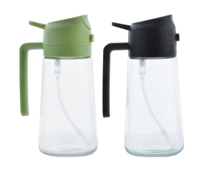 Recipient pentru Ulei 2 in 1, Flippy, Set 2 Bucati, Functie Spray & Turnare, din Sticla, Fara Scurgere, 18.5 x 8 x 8 cm, 470 ml/buc, Sticla Teansparenta, Verde/Negru