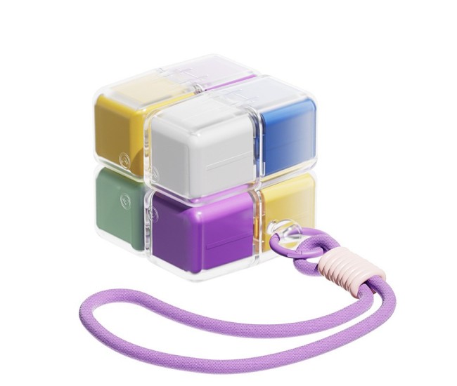 Cutie pentru Medicamente, Flippy, Model Rubik' Cube, cu Curea de Agatare, Dozator Portabil de Medicamente, Dispenser Pastile, estimat pentru 7 zile, 7.3 x 6 x 6 cm, Multicolor