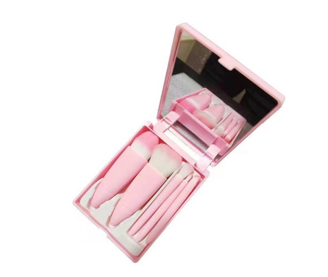 Set 5 Mini Pensule de Machiaj, Flippy, Portabile, in Carcasa cu Oglinda, din Par Sintetic Moale, Roz, 12x7x2.5 cm Set 5 Mini Pensule de Machiaj, Flippy, Portabile, in Carcasa cu Oglinda, din Par Sintetic Moale, Roz, 12x7x2.5 cm