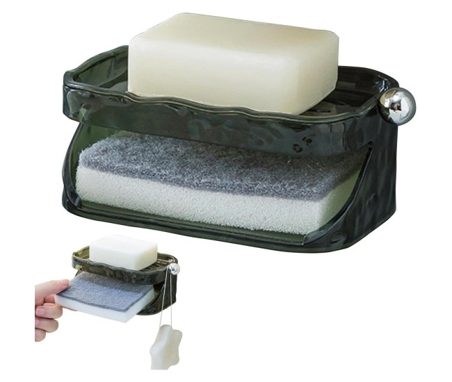 Savoniera Dubla, Flippy, 2 Straturi, Instalare fara Perforare, Agatatoare Burete, 13.5 x 8.5 x 6 cm, Verde Inchis