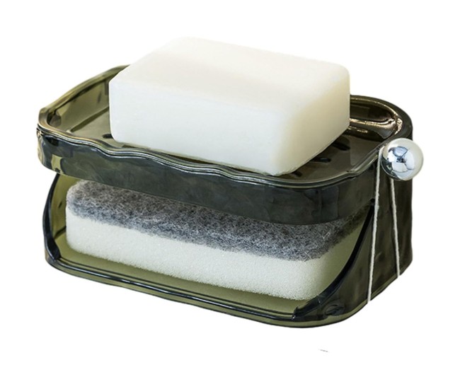 Savoniera Dubla, Flippy, 2 Straturi, Instalare fara Perforare, Agatatoare Burete, 13.5 x 8.5 x 6 cm, Verde Inchis