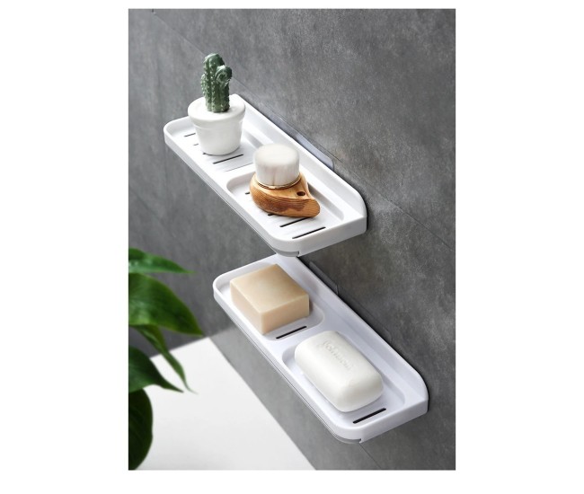 Savoniera Dubla, Flippy, de Perete, cu Compartiment de Scurgere, Montare prin Lipire, 26 x 8 x 4 cm, Alb/Gri