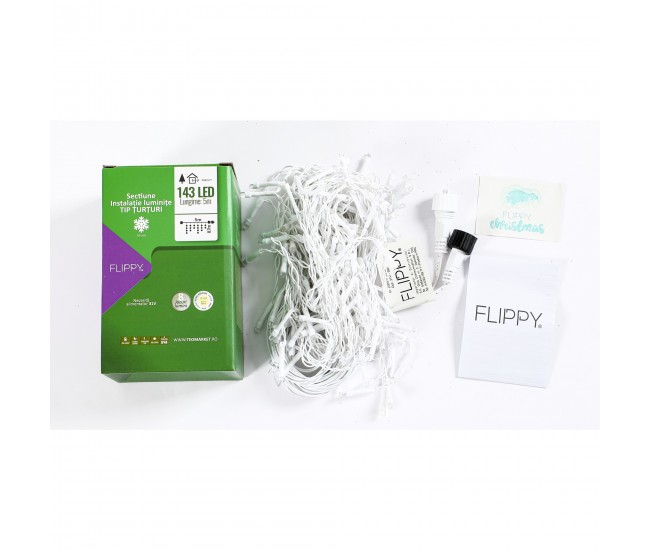 Sectiune de Craciun Flippy® Tip Turturi, 8 jocuri de lumini Sectiu 5 m, 143 LED-uri, Interconectabila, Fir Alb, Alb Cald
