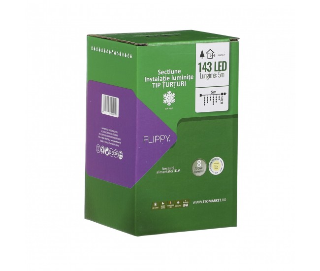Sectiune de Craciun Flippy® Tip Turturi, 8 jocuri de lumini Sectiu 5 m, 143 LED-uri, Interconectabila, Fir Alb, Alb Cald