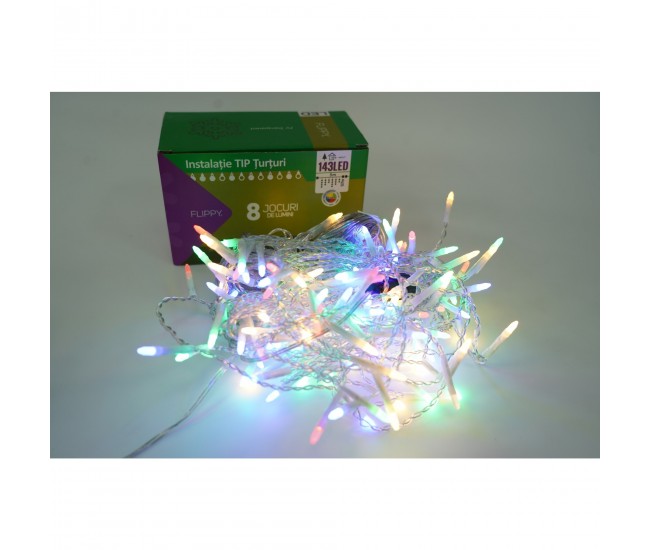 Sectiune Instalatie de Craciun Flippy® Tip Franjuri, 8 jocuri de lumini 5 m, 143 LED-uri, Interconectabila, Fir Transparent, Multicolor, Atentie! nu contine alimentator Sectiune Instalatie de Craciun Flippy® Tip Franjuri, 8 jocuri de lumini 5 m, 143 LED-uri, Interconectabila, Fir Transparent, Multicolor, Atentie! nu contine alimentator