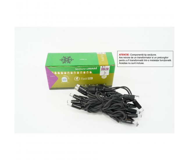 Sectiune Instalatie de Craciun Flippy Tip Liniara, cu Flash, 2 m, 20 LED-uri, Interconectabila, Fir Negru, Alb-Cald Sectiune Instalatie de Craciun Flippy Tip Liniara, cu Flash, 2 m, 20 LED-uri, Interconectabila, Fir Negru, Alb-Cald